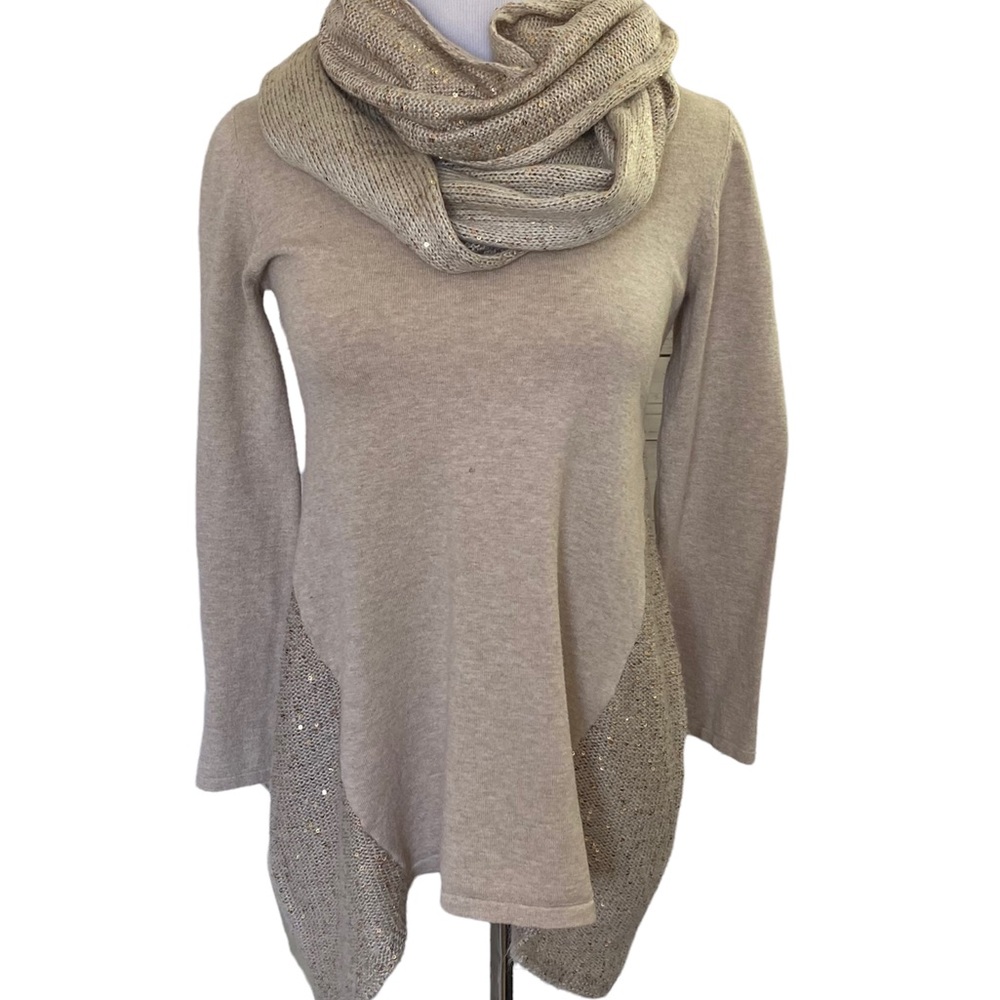 Tan Metallic Gold Sequined Scarf Sweater Asymmetrical Tunic Top